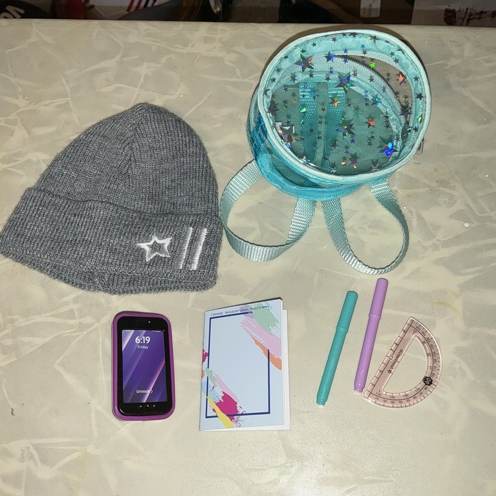 American Girl Corinne Blue‎ Backpack Accessories Hat Phone Ruler Notebook Pen